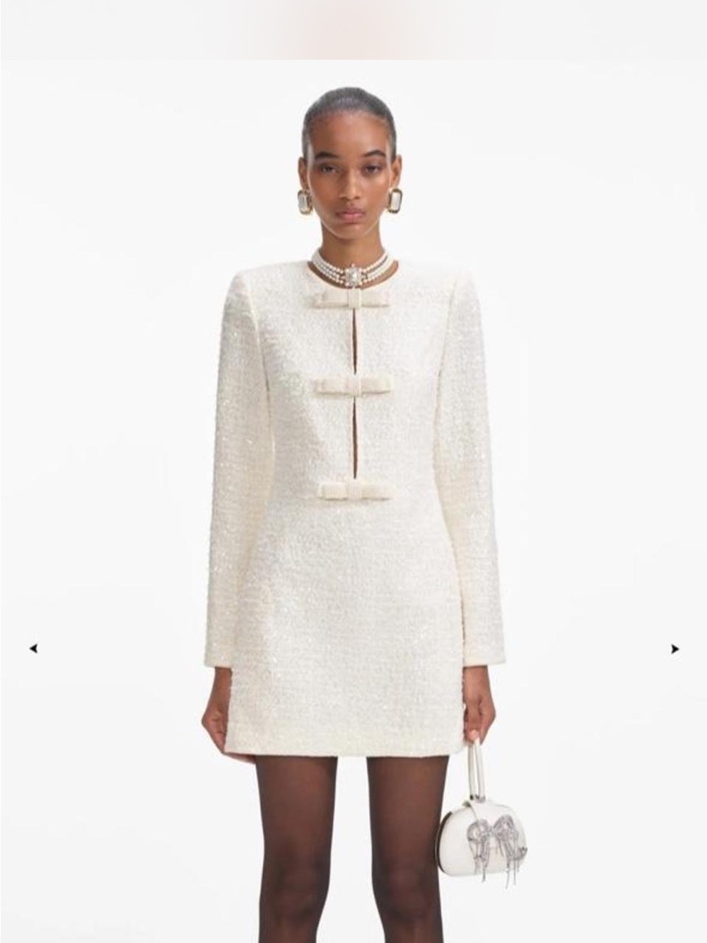 Self-Portrait Ivory Bouclé Mini Dress with Decorative Bows